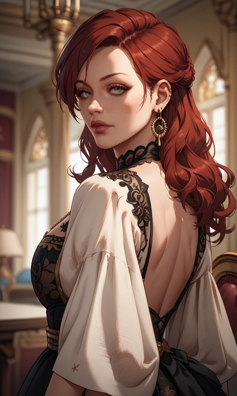 score_9,  score_7_up,1girl,solo,4lise,a woman with red hair earing black dress,(green eyes:0.2),close-up,spacious hall,antique furniture, (<lora:4lise5:1>:1.2)