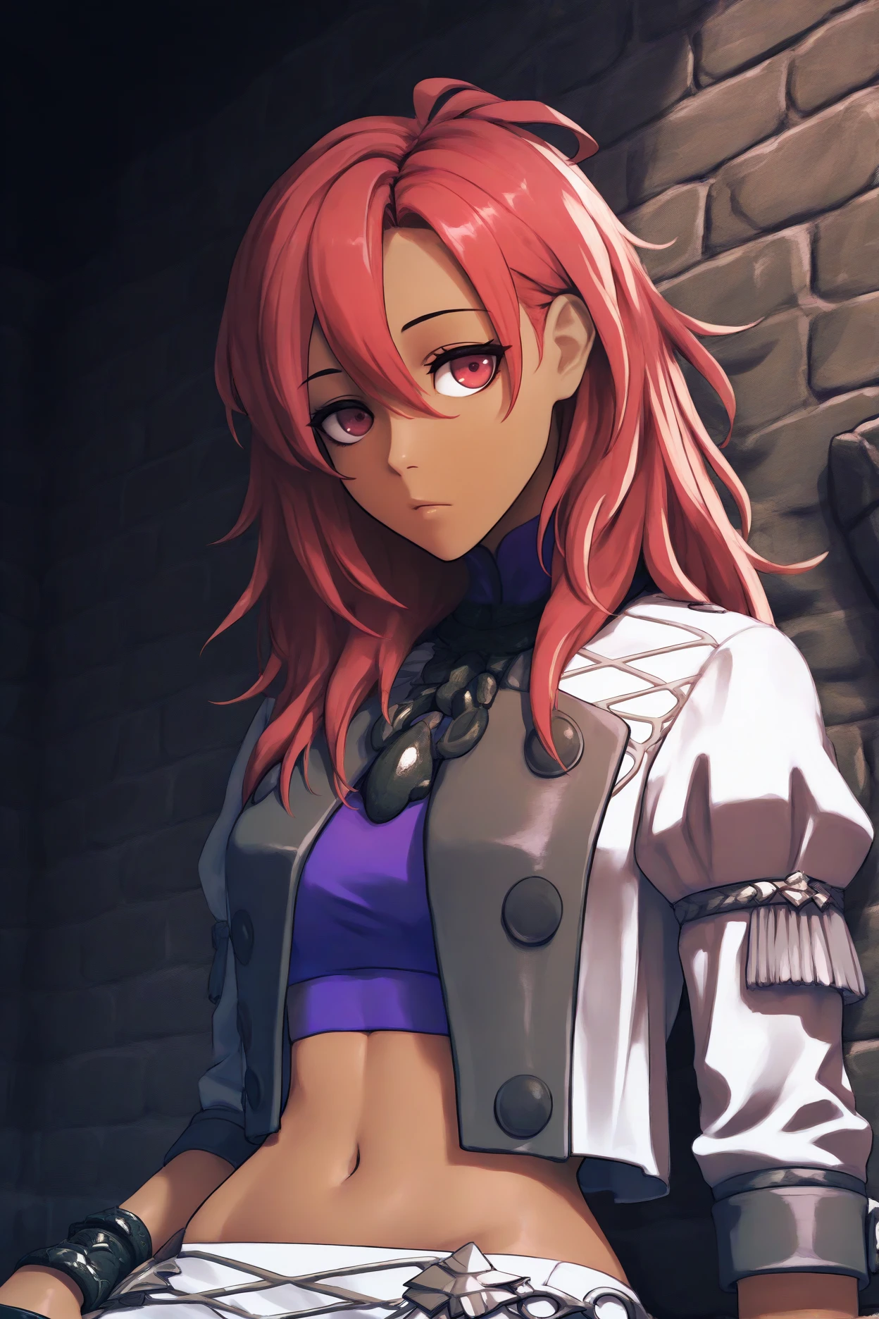 masterpiece, best quality, 1girl, solo, <lora:fehapi-illu-nvwls-v1-000005:1> dfhpi, dark-skinned female, red hair, red eyes, long hair, white jacket, purple crop top, pendant, bracelet, navel, white skirt, single thighhigh, purple thighhigh, thigh boots, black boots, looking at viewer, bored, upper body, dungeon, stone walls,