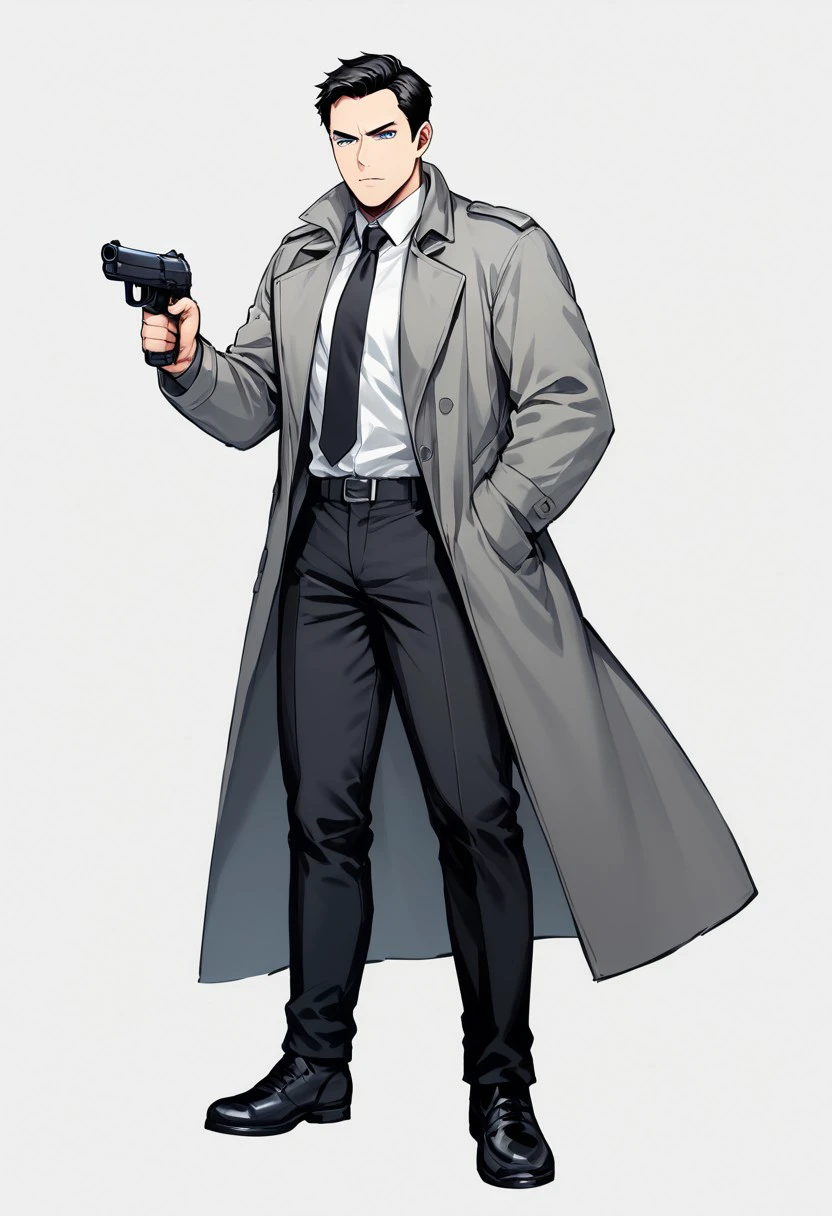 score_9, score_8, score_7, (white background :1.4), sketch, 1man mature, blue eyes, black trenchcoat, grey coat, black tie, white shirt, black pants, black shoes, irritated, hold a gun, aiming the viewer