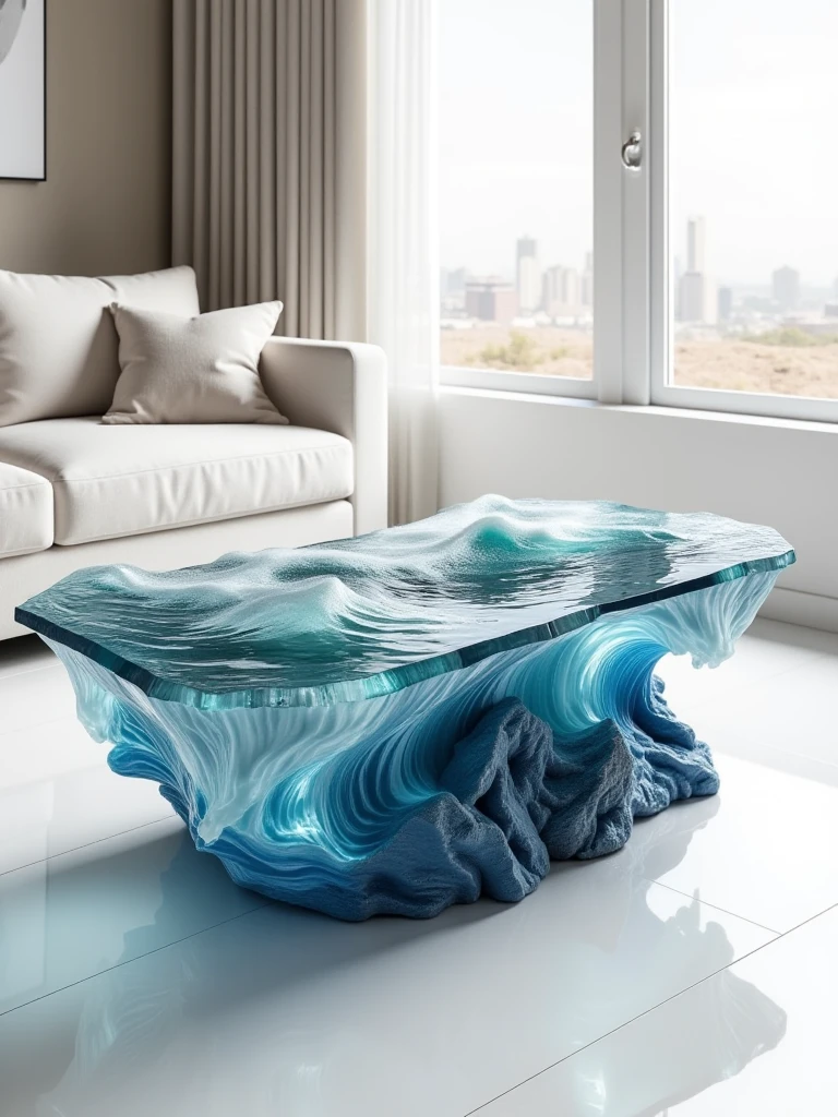 waterwave mountain table,living room,white floor,