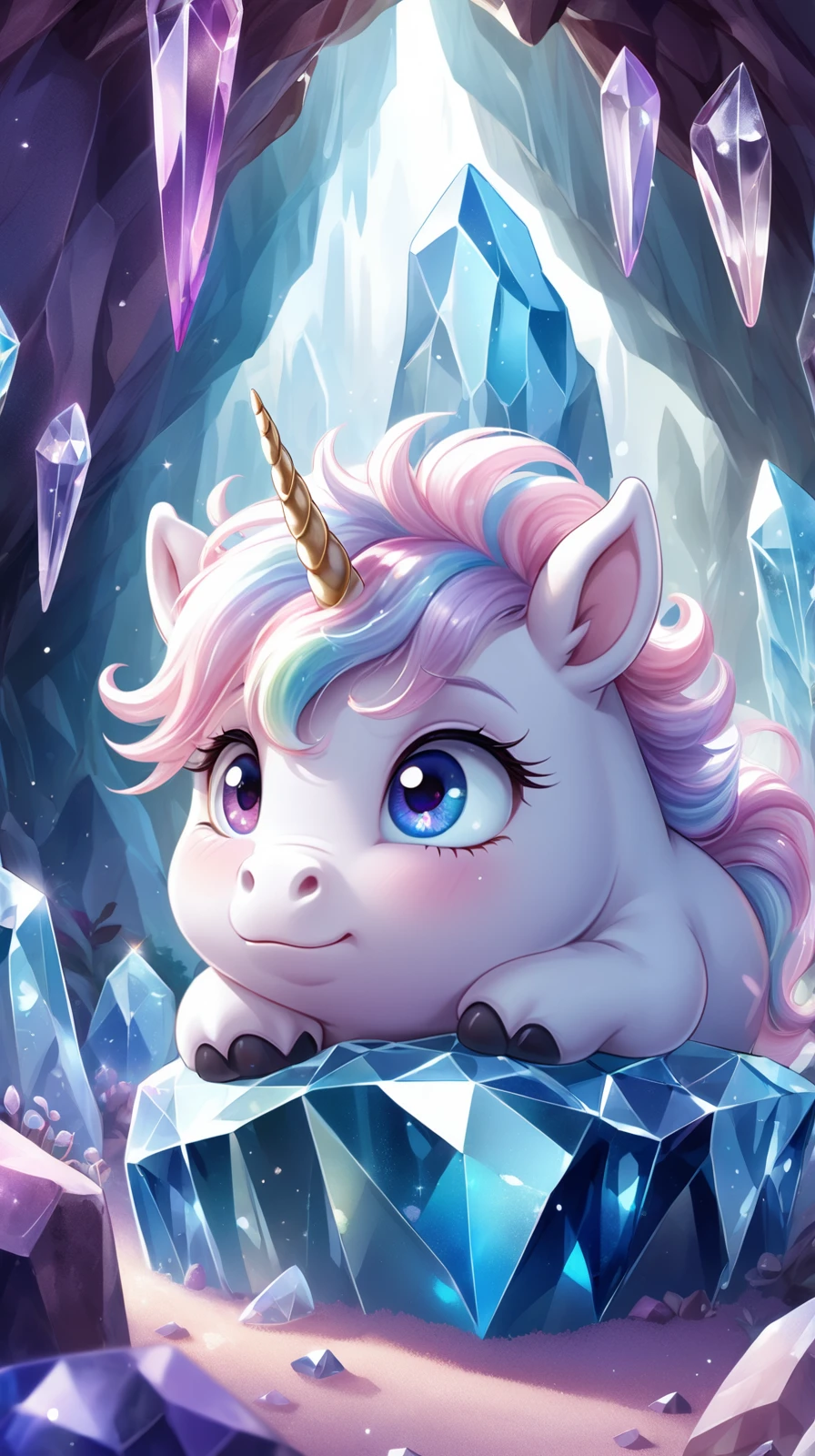 a picture of a of a small fat fluffy Unicorn, whose fur is decorated with small polished crystals, which looks out curiously between two huge crystals, it holds on to the large crystals and leans forward slightly to take a close look at its surroundings, it is super cute and fluffy and looks at the viewer with big sparkling eyes, it's super cute how it looks up from the bottom, the scene takes place in a crystal cave, the walls are decorated with unpolished shiny crystals that reflect the light in the cave and everything on illuminate a harmonious and peaceful way