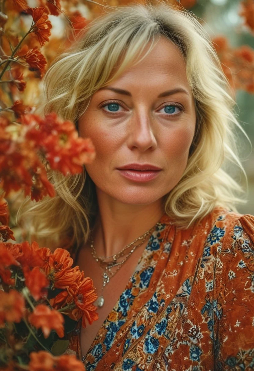 hyper realistic photograph, RAW photo, CANNON DSLR, surreal digital photograph featuring a 36yo woman with striking features, blonde, blue eyes, freckled skin, red and Ochre dress, floral patterns, partially obscured by a bouquet of autumnal flowers