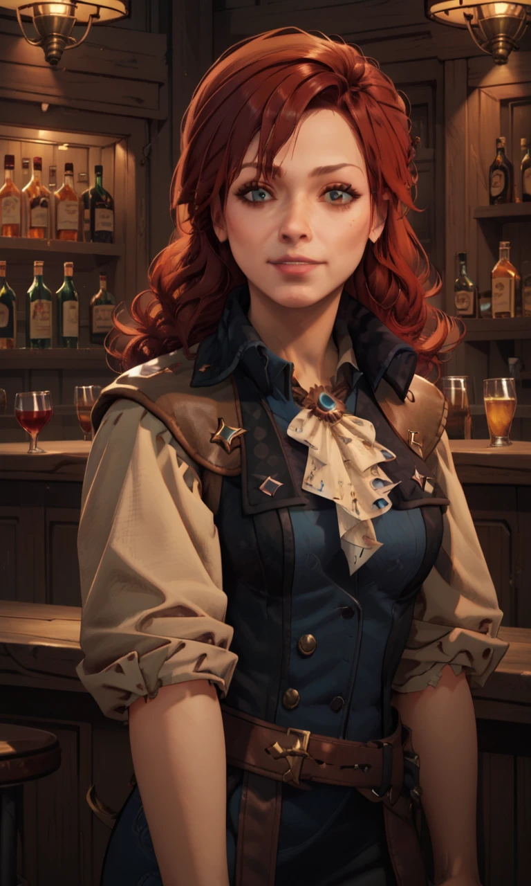 score_9,  score_7_up,1girl,solo,4lise,red hair,lether jacket,standing at the bar, looking over shoulder,looking at viewer, (<lora:4lise5:1>:1.2)