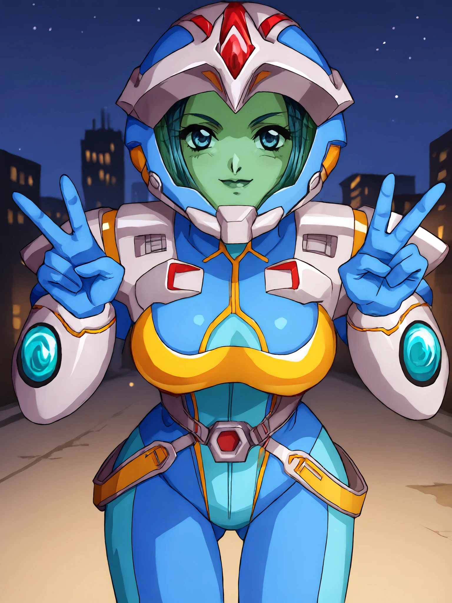 score_9, score_8_up, score_7_up, <lora:offset_0.2:0.1>, <lora:spo_sdxl_10ep_4k-data_lora_webui:1>, BREAK,
1girl, solo, BREAK,
srw_rio, large breasts, black hair, short hair, hair bun, sidelocks, blue eyes, <lora:srw_rio:1> , BREAK,
srwbluepilotsuit, blue bodysuit, pauldrons, wrist guards, metal belt, grey armor, (helmet, assault visor, green-tinted eyewear, wearing helmet:1.5), <lora:Pilot_suit__Super_Robot_Wars:1>, BREAK,
smile, blush, looking at viewer, BREAK,
standing, (double peace:1.2), looking at viewer, ass visible through thighs, cowboy shot, BREAK,
outdoors, city, street, starry sky, night