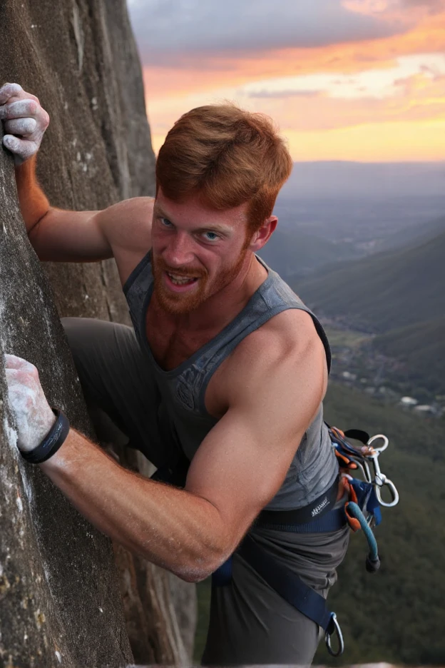 A breathtaking photograph of Aric rock climbing on a sheer cliff, His face is the focus of the shot. visibly straining yet exhilarated as he reaches for a ledge, his expression revealing both concentration and excitement. He dons a fitted climbing harness, a moisture tank top shirt, and chalk-covered hands. The background is an expansive view of a valley below, with rolling hills and a brilliant sunset painting the sky in vibrant oranges and purples, showcasing the beauty of nature and adventure. Bushy armpit hair.