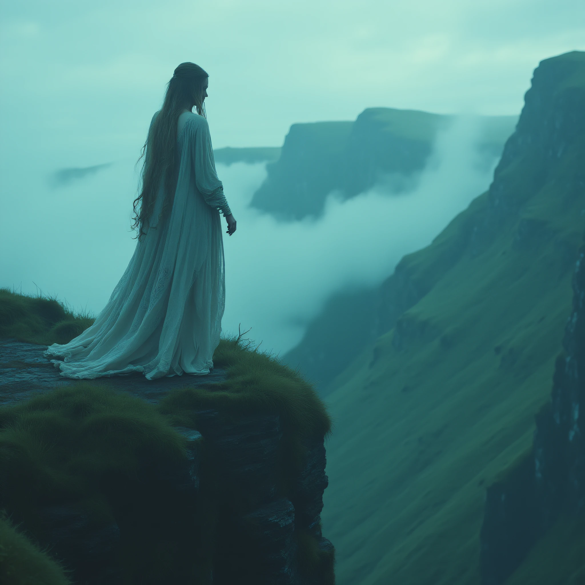 ArsMovieStill, Movie still from a 2010s folklore horror film, The image shows a woman in a long dress standing atop a cliff surrounded by lush green grass and a majestic mountain in the background with a clear blue sky above., 1girl, long hair, dress, outdoors, solo, scenery, cloud, fog, sky, mountain