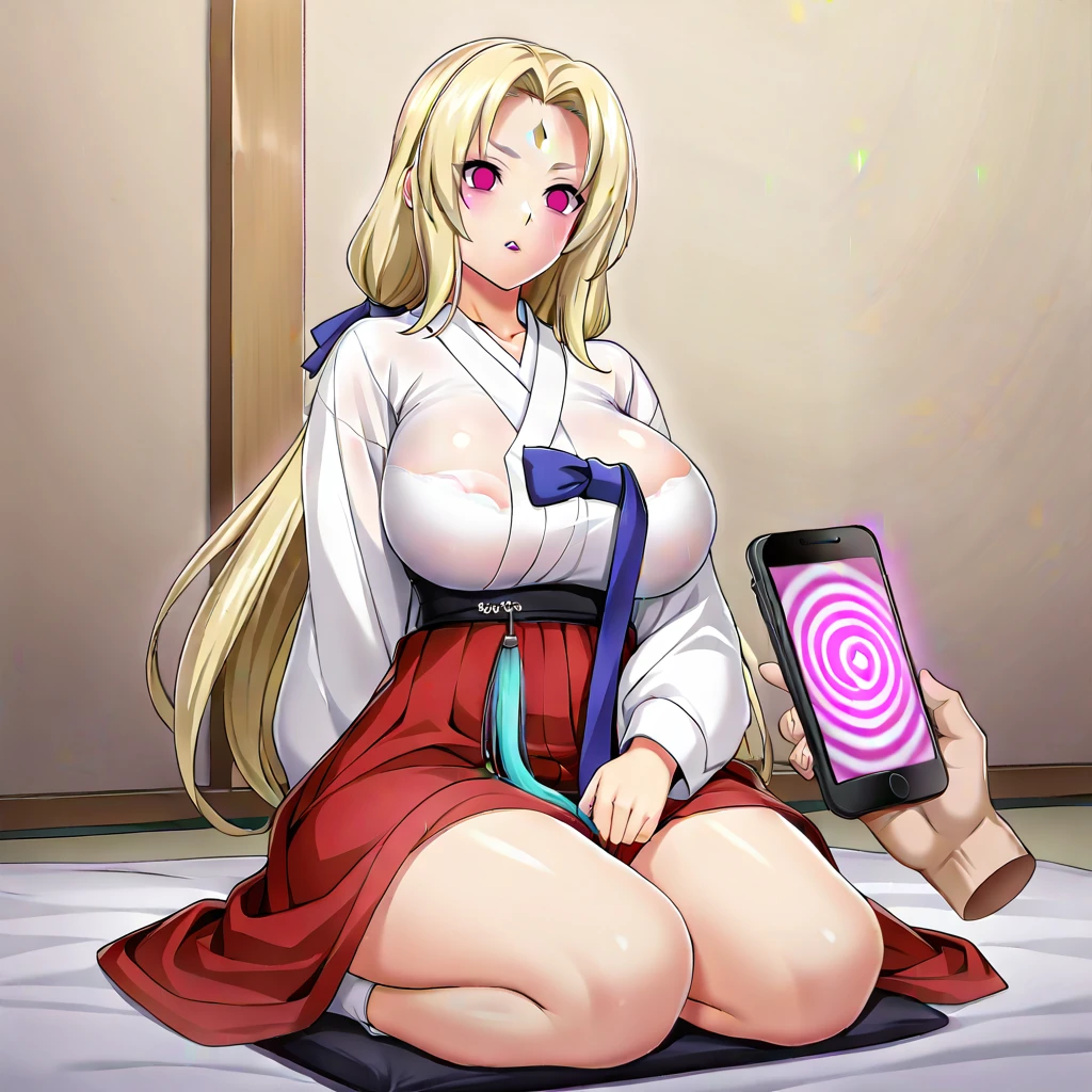 masterpiece, best quality, amazing quality, very aesthetic, absurdres, newest,1girl, <lora:inoino_noob:0.45>
BREAK  tsunade \(naruto\),  <lora:hanbok-ponyxl-lora-nochekaiser:0.75>  hanbok, korean clothes,see-through,huge breasts, empty eyes,seiza,mind control,hypnotized,looking at hypnosis app,facing viewer, 
BREAK smartphone,pov hand,hypnosis app,glowing phone,hypnotizing girl,