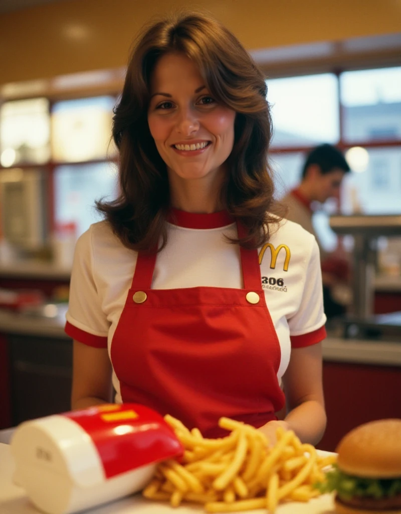 Linda Lovelace is a woman with straight hair wearing a mcdonalds uniform and serving burgers and fries in mcdonalds  <lora:Linda Lovelace:0.9>