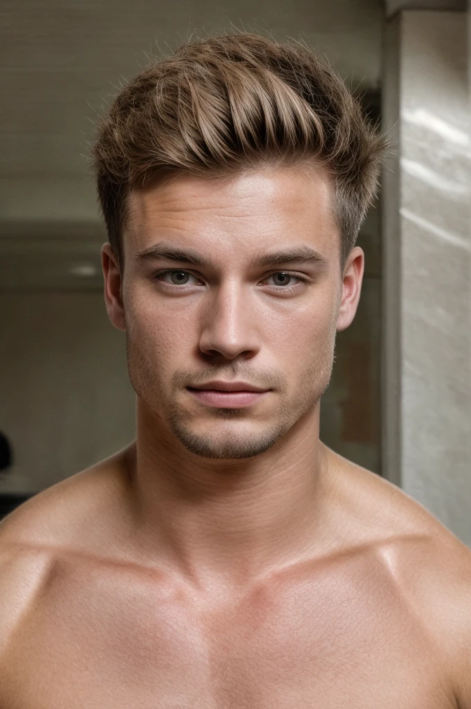 super realistic, detailed, male, jock, handsome, hot, manly, selfie, looking at camera, muscular, close up, teenager, cute, dirty blonde, jawline, selfie, shirtless, 