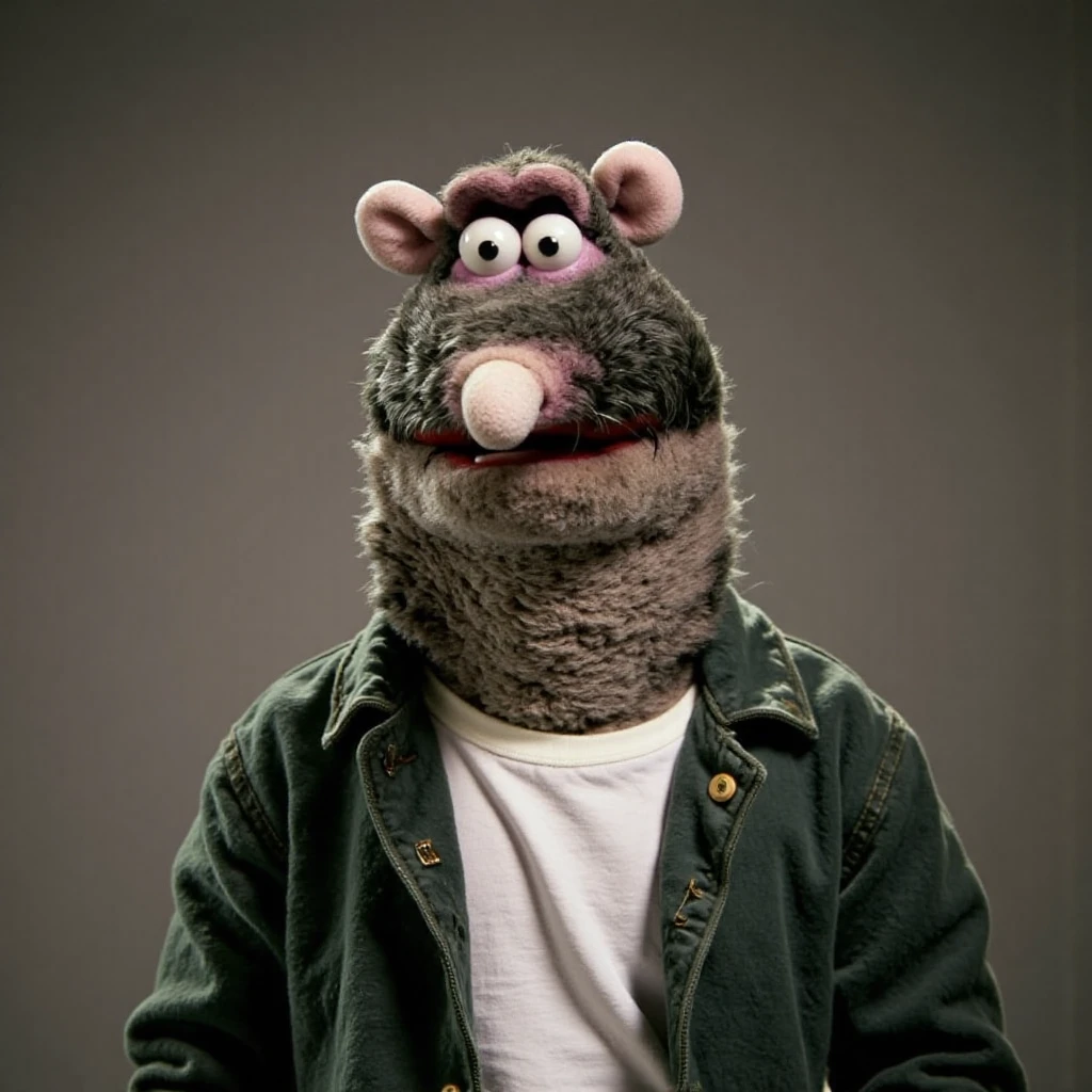 rattus rattus wearing a white t-shirt and dark green coat, closup portrait