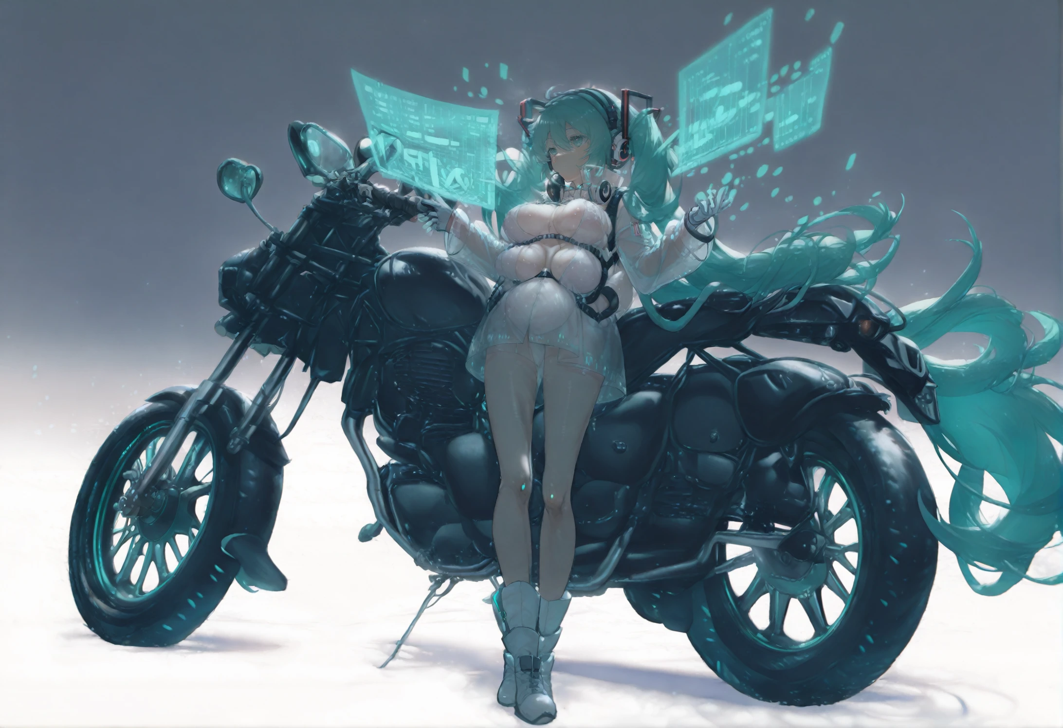 many breasts, 1girl, breasts, solo,motorcycle, solo, hatsune miku, long hair, twintails, boots, motor vehicle, white footwear, headphones, white background, aqua hair, long sleeves, very long hair, holographic interface, see-through, gloves , 
,. masterpiece,best quality,very aesthetic,absurdres
<lora:furuforill-000082:1> <lora:konyakarasuelokr_for_illustrious-000126:0.95>