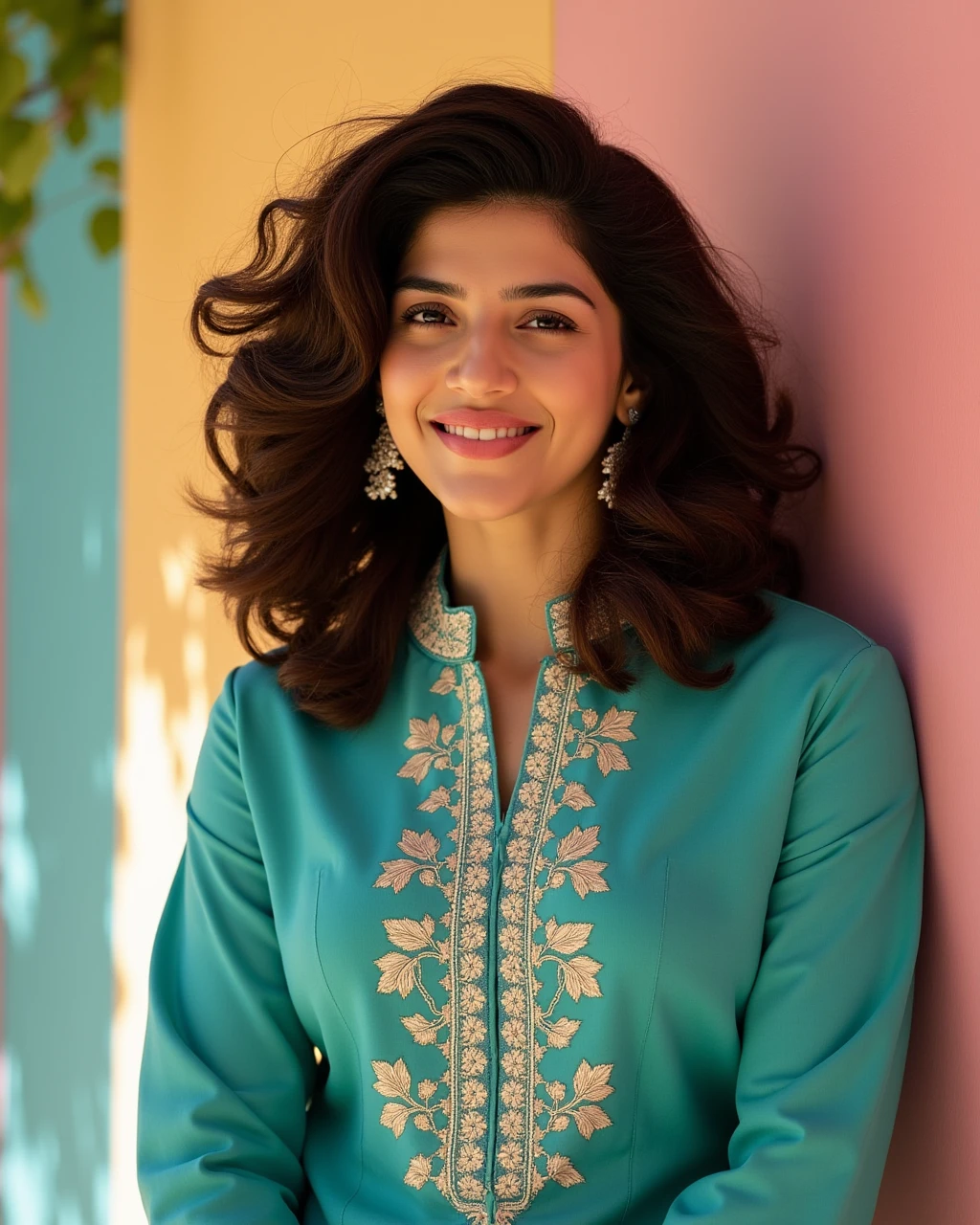 cowboy shot photo of a Mehreen Pirzada woman,candid photo with natural colors, grinning expression on face, thin face, studio quality, wearing intricate elegant long sleeved Teal Jeans_with_kurta, curls, pastel shaded multicolored background, cinematic soft lighting<lora:TestBed\Mehreen_Pirzada_Flux_Kohya_V1.safetensors:0.9:0.9>