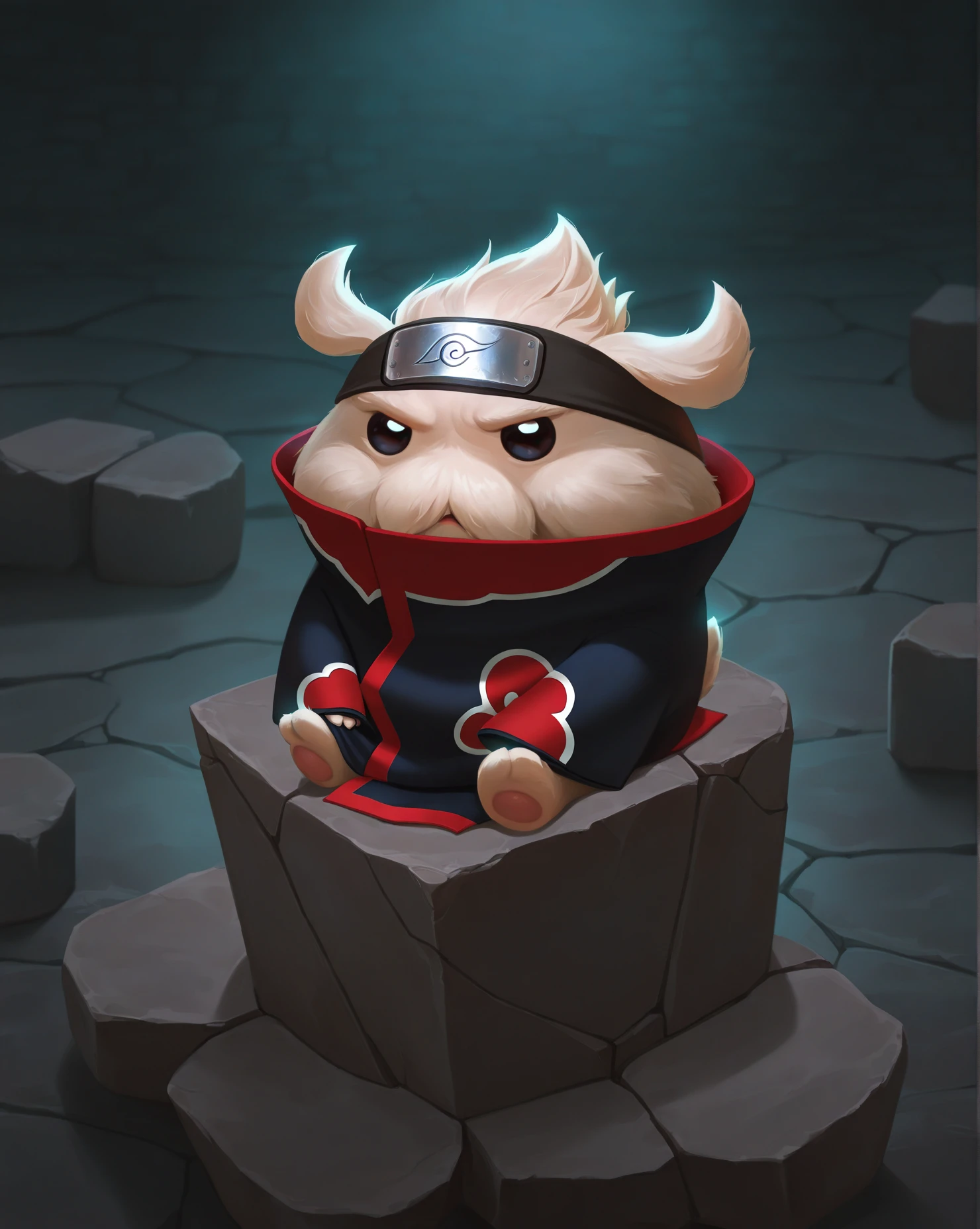 lorsty, white poro, uchiha itachi (cosplay:1.3), forehead protector, akatsuki uniform, no humans,  sitting, stone chair, looking at viewer, dark theme, concrete wall
masterpiece, best quality, highres, absurdres
<lora:LegendOfRuneterra_ILXL:1>