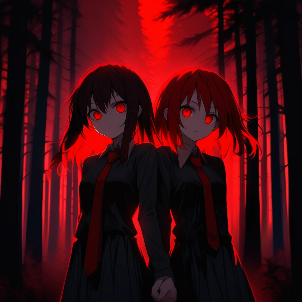 dress, forest, 2girls, red eyes, necktie