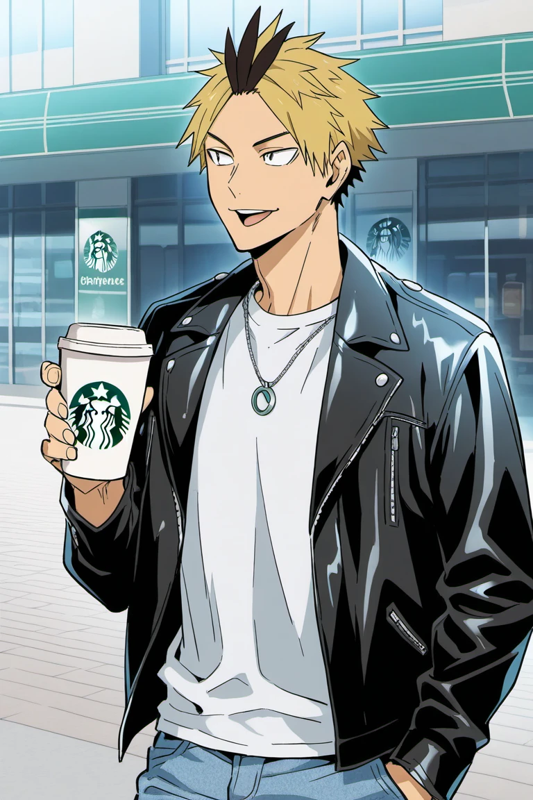 day, natural lighting, male focus, holding cup, starbucks coffee, looking away, smiling, KoganegawaHU, blonde-black_KoganegawaHU_multicolored hair, brown_KoganegawaHU_eyes, open mouth, leather jacket, open jacket, shirt, silver necklace, jeans, 1boy, outdoors building exterior, intricately detailed illustration, masterpiece, best quality, amazing quality, very aesthetic, absurdres, newest