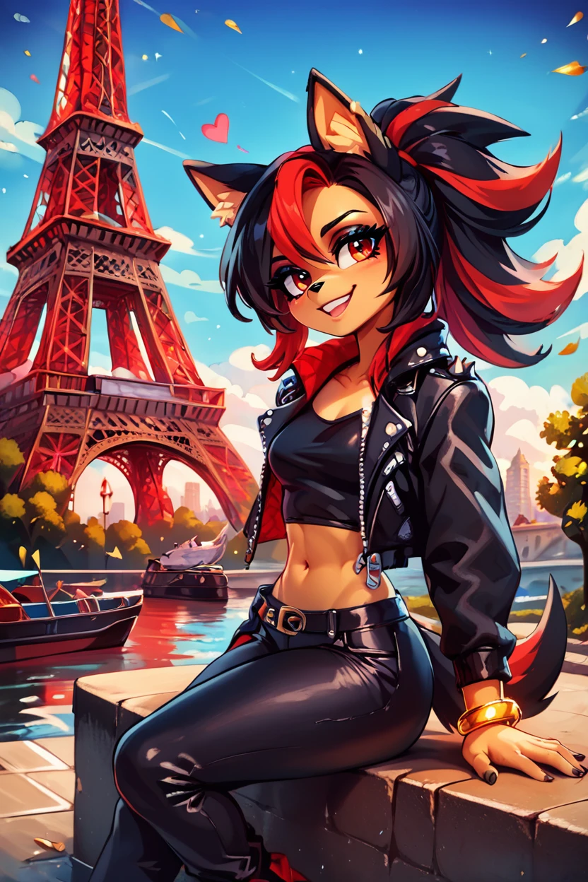 score_9, score_8_up, score_8, medium breasts, (curvy), cute, eyelashes,       BREAK, , ,,, zzShady, red eyes, multicolored hair, two-tone hair, streaked hair, black hair, red hair, animal ears, , long hair, furry, spiked hair,  black crop top, open jacket, black leather jacket, gold bracelet, black leather pants,   <lora:ShadowRule63_PDXL:0.8>,  ,,,, BREAK, zzEiffelTower in background, sitting, watercraft, boat, sitting on wall, side view, looking at viewer, smile, ,,, BREAK, blooming stars, luminescent petals, otherworldly fragrance blurry background, ,,, embedding:zPDXL, Expressiveh, ,,, <lora:EiffelTowerPDXL:0.8>, <lora:CatalystStylePDXL:0.6>, <lora:SDXLFaeTastic2400:0.5>, <lora:Expressive_H-000001:0.4>,