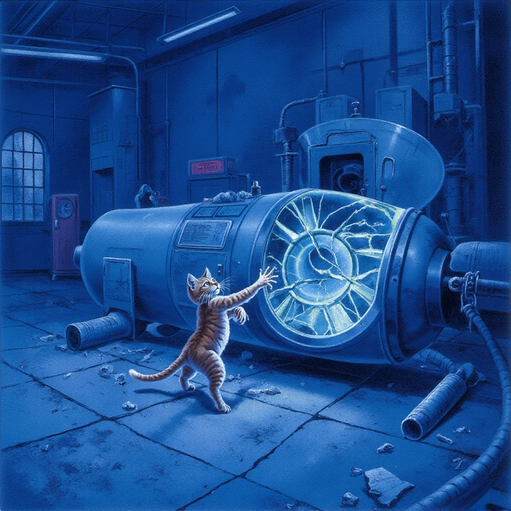 Art of a cat escaping from a cryogenic capsule, from its broken glass, painting in the style of m3g4d3thart artstyle, inside a factory, blue tone