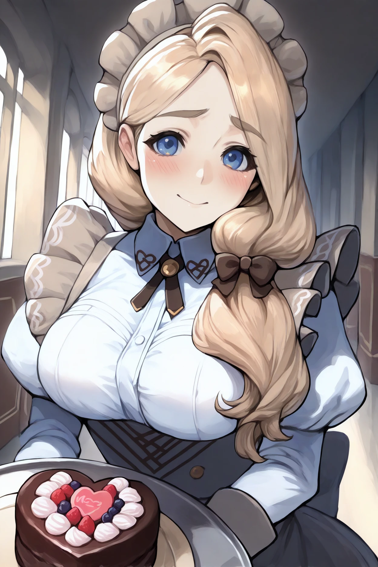 masterpiece, best quality, 1girl, solo, <lora:femercedes-illu-nvwls-v1-000005:1> mdmcdes, blonde hair, low-tied long hair, blue eyes, hair over shoulder, hair bow, maid headdress, white shirt, collared shirt, puffy sleeves, maid apron, long sleeves, large breasts, hallway, holding tray, heart-shaped cake, looking at viewer, blush, happy