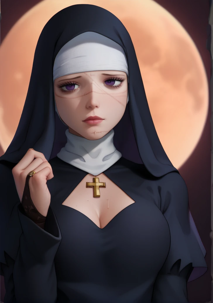 score_9, score_8_up, score_7_up, dalethwaifu, 1girl,full moon, habit, cleavage,  long hair, moon, necklace, nun, solo, upper body, <lora:add-detail-xl:1>, <lora:Daleth_character:1>,  <lora:HandFixer_pdxl_Incrs_v1:1>