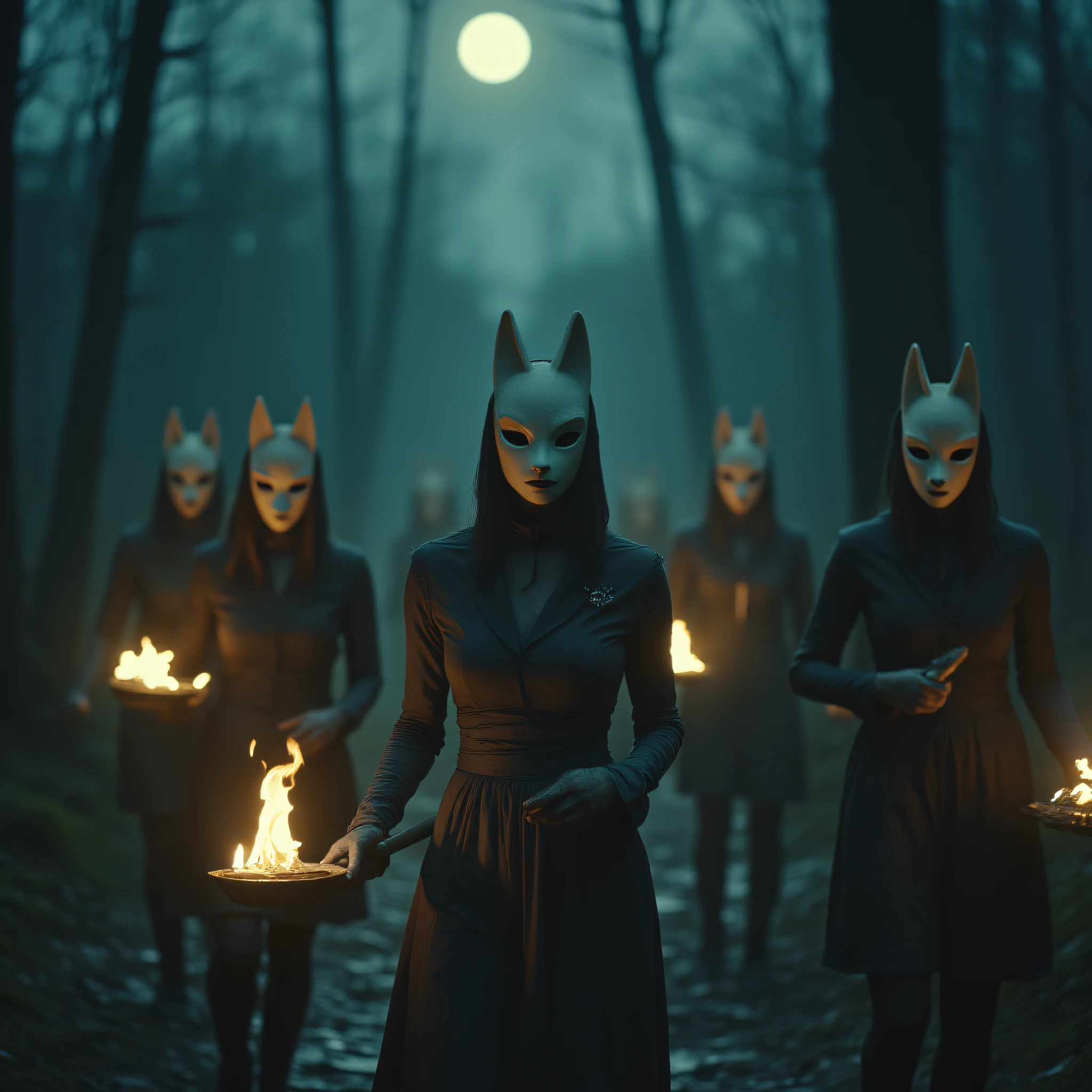 ArsMovieStill, Movie still from a 2010s folklore horror film, The image shows a group of women wearing masks and holding torches in their hands walking through a forest with trees and a moon in the background., mask, holding, torch, moon, outdoors, blurry, fox mask, multiple girls, night, fire