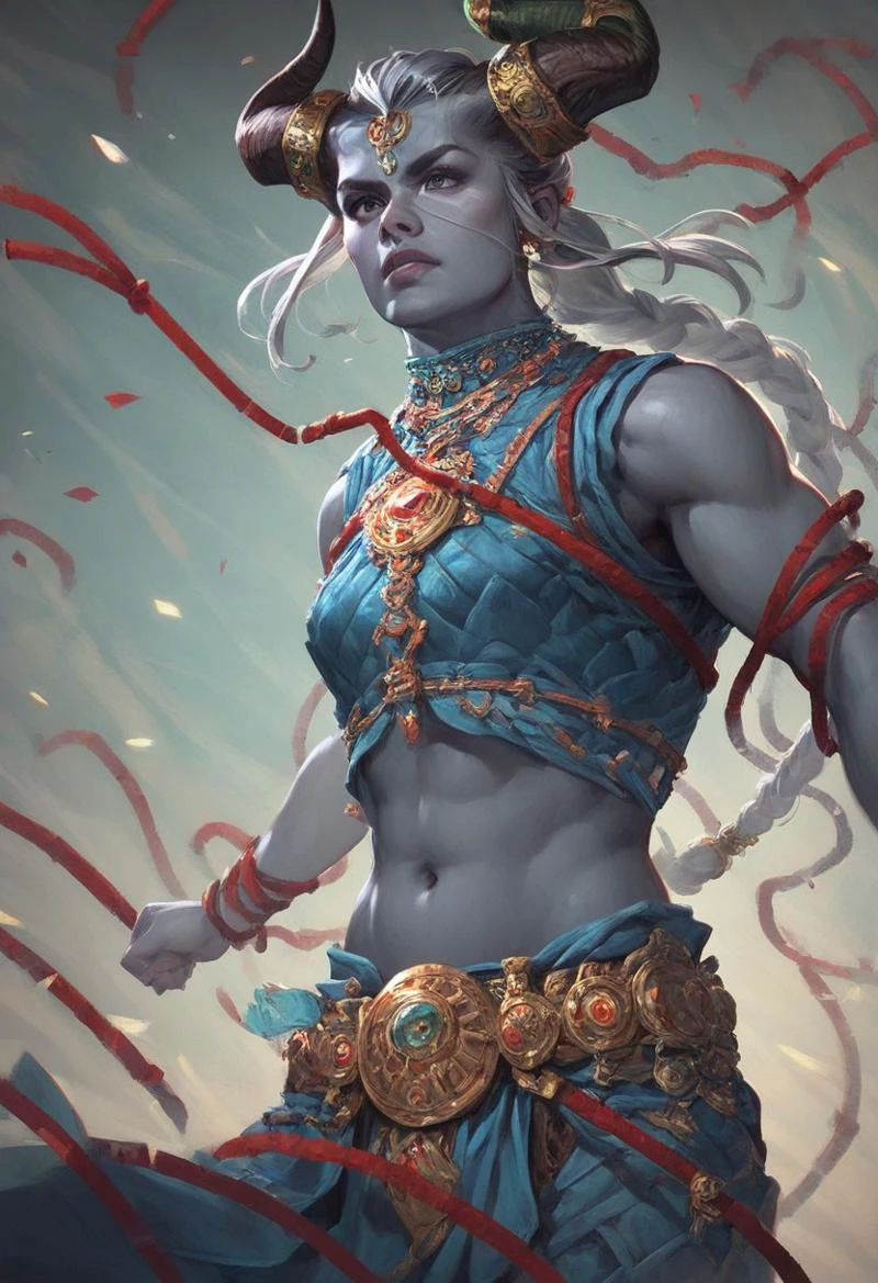 score_9, score_8_up, score_7_up, score_6_up, 1girl,
taash, qunari, long grey hair, long braid, emerald horn, brown horn, grey skin, bony face, navel,
feathered armor, taash_o1, jewelry, arm ropes, belt, (sleeveless:1.4),
mean expression, action pose, creative angle, dynamic pose,