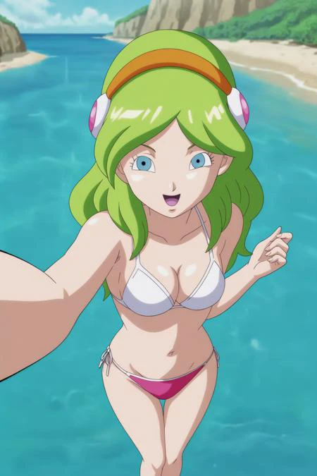 source_anime, score_9, score_8_up, score_7_up, anime screencap,
brianne, 1girl, drying, solo, long hair, breasts, looking at viewer, smile, open mouth, blue eyes, ocean, daylight, selfie, from above, beach, navel, cleavage, small breasts, swimsuit, full body, bikini, hairband, green hair, barefoot, side-tie bikini bottom, white bikini, tongue, legs_together, pointy nose, looking to the side, holding, eyelashes, eyebrows, arms up, hair ornament, yellow hairband, fingernails,
<lora:brianne_pony_v1:0.8>