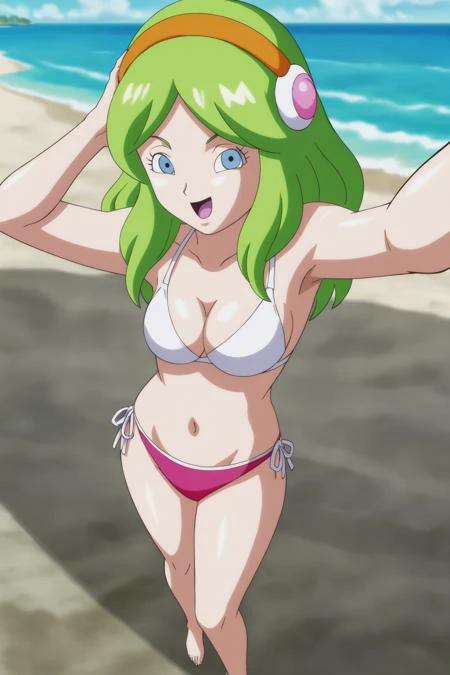 source_anime, score_9, score_8_up, score_7_up, anime screencap,
brianne, 1girl, drying, solo, long hair, breasts, looking at viewer, smile, open mouth, blue eyes, ocean, daylight, selfie, from above, beach, navel, cleavage, small breasts, swimsuit, full body, bikini, hairband, green hair, barefoot, side-tie bikini bottom, white bikini, tongue, legs_together, pointy nose, looking to the side, holding, eyelashes, eyebrows, arms up, hair ornament, yellow hairband, fingernails,
<lora:brianne_pony_v1:0.8>