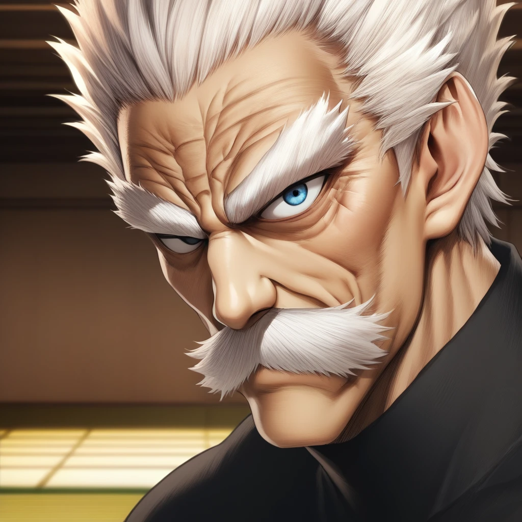 score_9_up, score_8_up, score_7_up, high quality, detailed, 1boy, source_anime, male, solo male, human, masculine, muscular, broad shoulders, old man, older male, short white hair, big white mustache, white eyebrows, blue eyes, defined facial features, defined pecs, defined abs, athletic build,black long sleeve shirt, bust shot, looking at viewer, dojo background