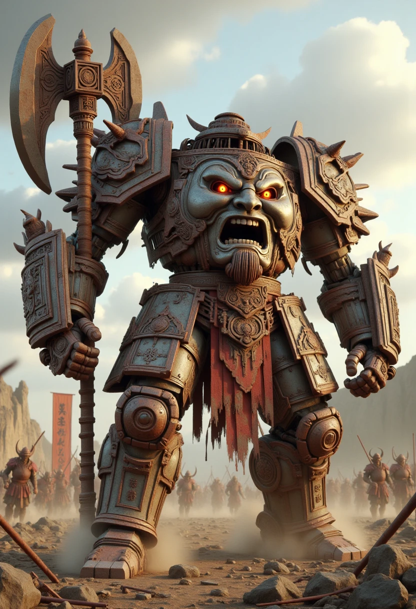xingtianmech, face on torso, stands in a fierce fighting stance on the battlefield, its rusty and broken armor reflecting the remnants of a shattered world. Armed with a massive axe and a sturdy shield, this ancient mecha, with piercing red eyes engulfed in fiery flames, embodies the strength and resilience of soldiers in a ruined battlefield landscape, army, soldiers, set in ancient China, ruins, fire smoke, banner, dust. <lora:Xingtianmech:0.8>