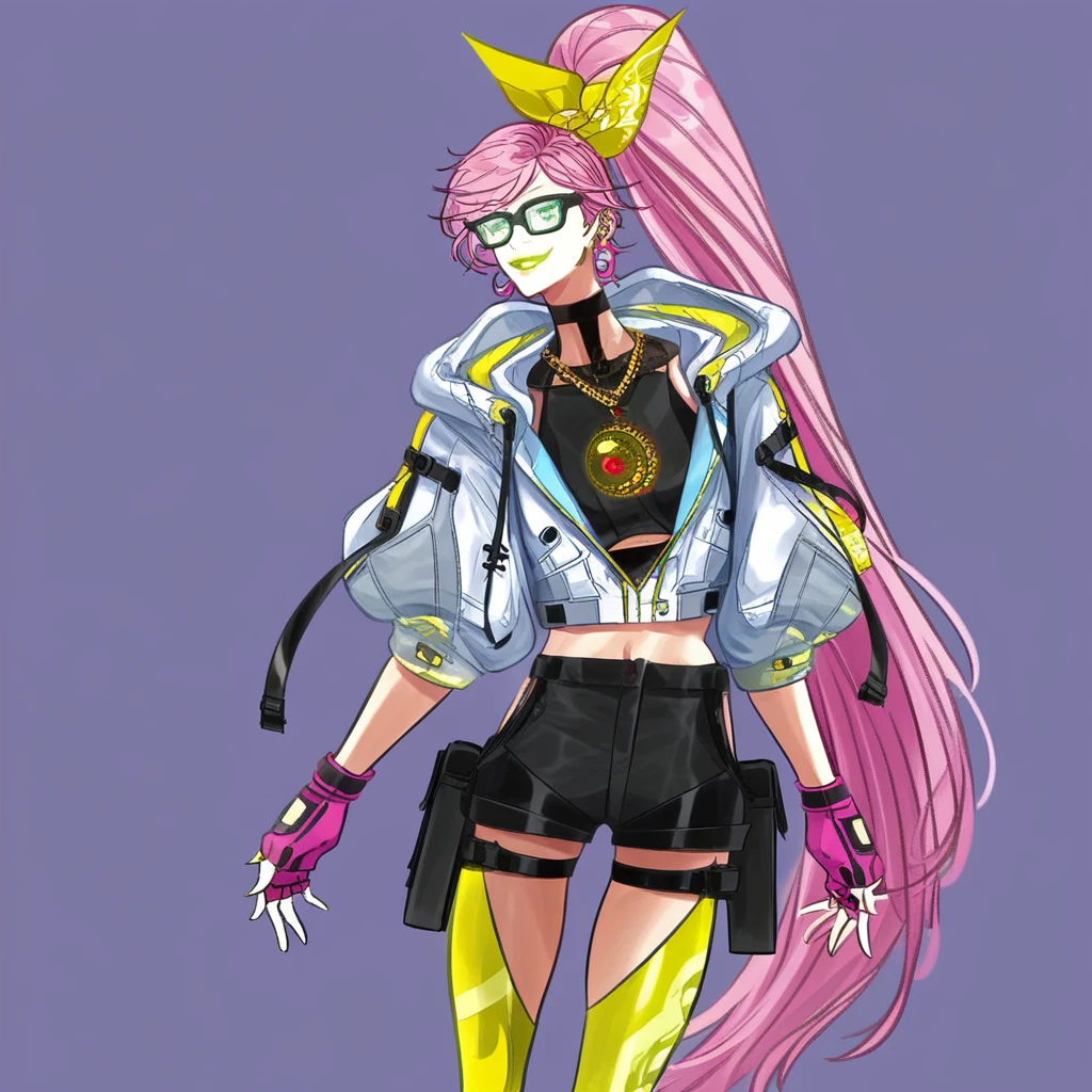 Pink hair,glasses,yellow lipstick,lipstick,make up,long hair,ponytail,very long hair,fingerless gloves,gloves,white jacket,cropped jacket,medium long sleeves,jacket with hood,yellow thighhighs,knee protectors,thigh band,neckband,thigh pouch,high heel boots,multicolored boots,short boots,earrings,eyewear,green eyes,necklace,medium breasts,midriff,navel,black shorts,tight shorts,standing,smiling,walking,posing,face fix,good face,good clothes,good resolution,masterpiece,good hairs,good eyes,good boots,good coloring,simple background,