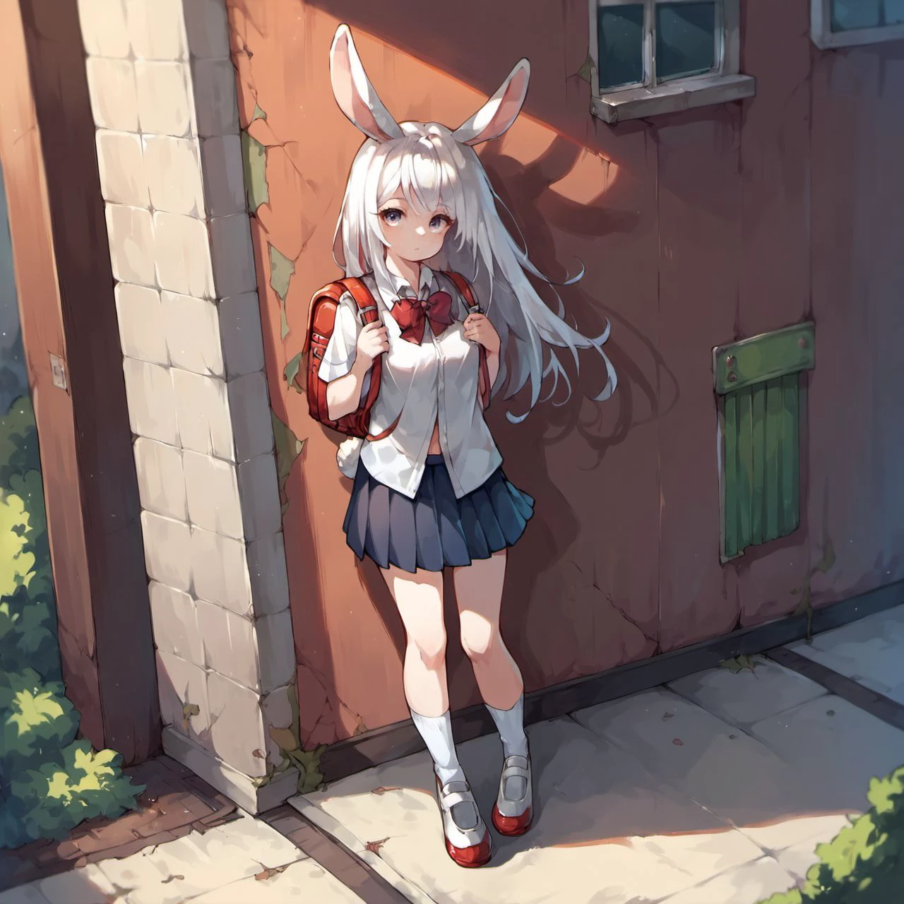 score_9, score_8_up, score_7_up, score_6_up, rabbie, rabbit ears, rabbit tail,
1girl, (chibi:0.3), solo, long hair, white hair, looking at viewer, school uniform, backpack, 
<lora:rabbie_race_v1-000005:0.8>,