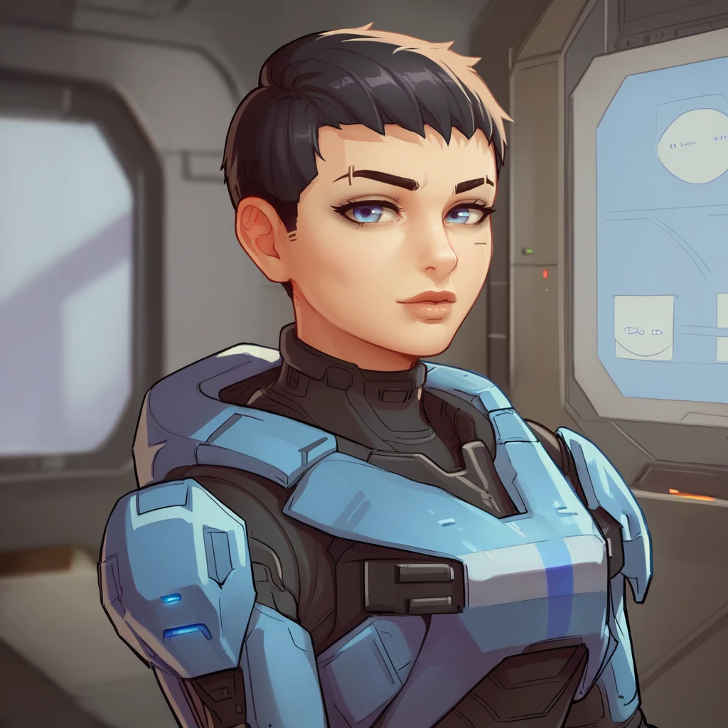 score_9_up, score_8_up, BREAK, kat-b320, 1girl, solo, black hair, short hair, pixie cut, blue eyes, blue armor, upper body, looking at viewer,  <lora:Kat-b320_HaloReach_PXL_Leaf2:1>, spacecraft interior, spartan \(halo\),