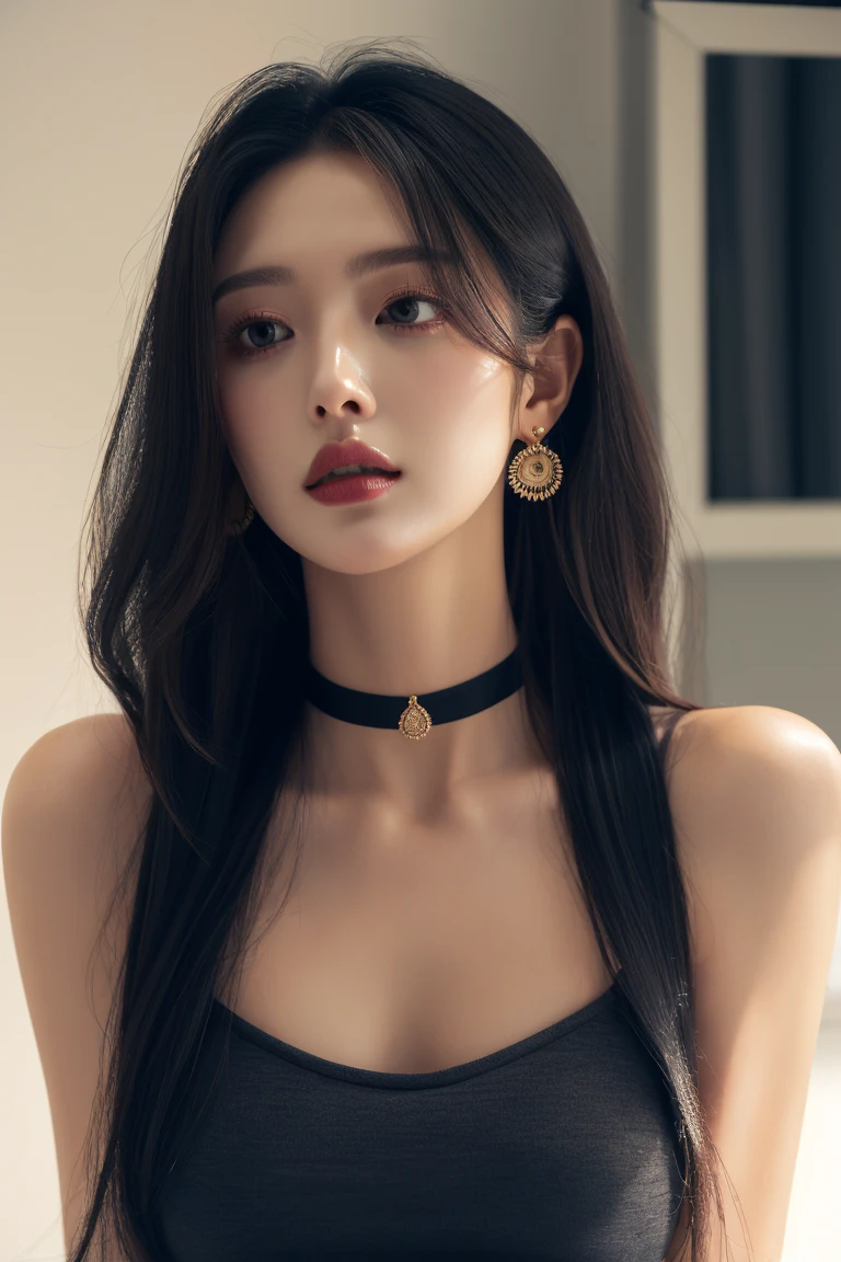 (Best Quality, Masterpiece, Photo realistic, Ultra Detailed, ultra high res, raw:1.perfect body, 1girl, parted lips, red lips, glitter eyeliner:1.4, upper body closeup, bedroom, japanese, 20years old, navel, shiny purple dress, laces, white skin, cute, messy hair, purple choker, ruby necklace, shoulder length luxury earings, looking at the viewer, gold eyes,red hair
