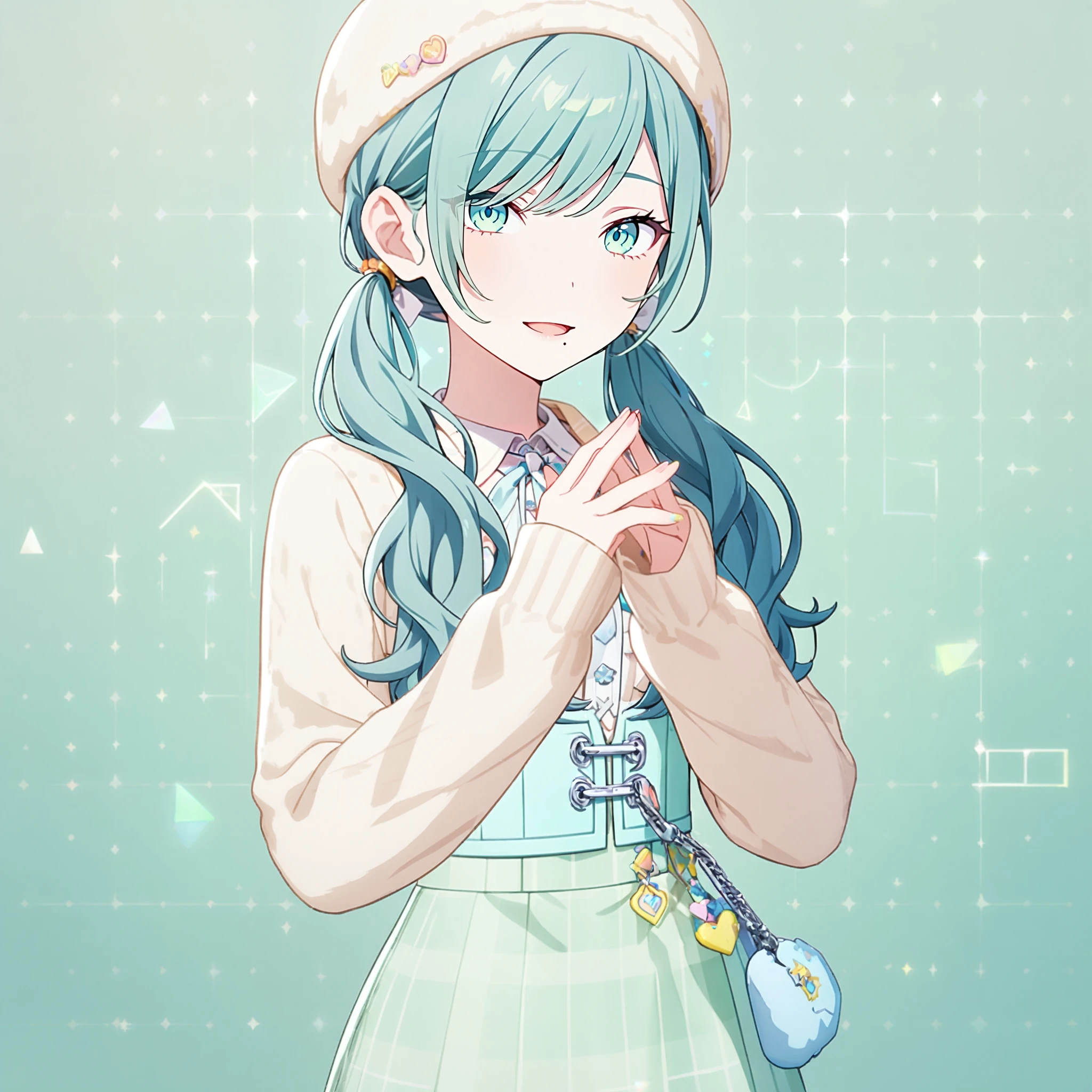 1girl, project sekai, masterpiece, very aesthetic, absurdres, official art,
mellow streamer, long hair, low twintails, aqua hair, aqua small eyes, hair over shoulders, mole under mouth,
(looking at viewer:1.4), :D, own hands together, cowboy shot, BREAK
earrings, hair ornaments, hairclip,
simple background, green background, pastel color background, square, circle, triangle,
 <lora:sdxl-mmj-MellowStreamer01:0.8:lbw=0,0,0.2,0.2,0,0.4,0.4,0,0.8,0.8,0,0,0,0.8,0.8,0.6,0.8,0.0,0.0,0.0,0,0,0,0,0,0>