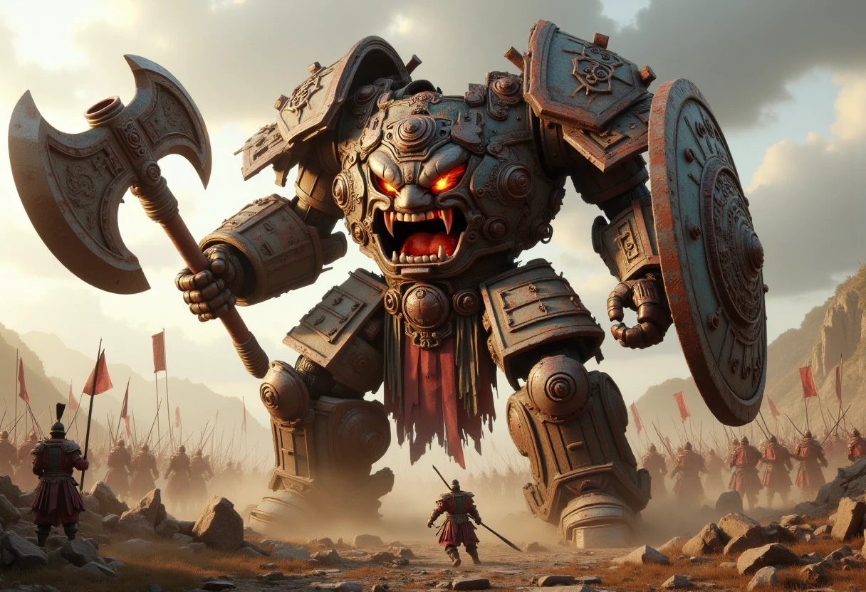 xingtianmech, face on torso, in a fierce fighting stance on the battlefield, its rusty and broken armor reflecting the remnants of a shattered world. Armed with a massive axe and a sturdy shield, this ancient mecha, with piercing red eyes engulfed in fiery flames, embodies the strength and resilience in a ruined battlefield landscape, surrounded by thousand soldiers, set in ancient China, ruins, fire smoke, banner, dust. <lora:Xingtianmech:0.8>