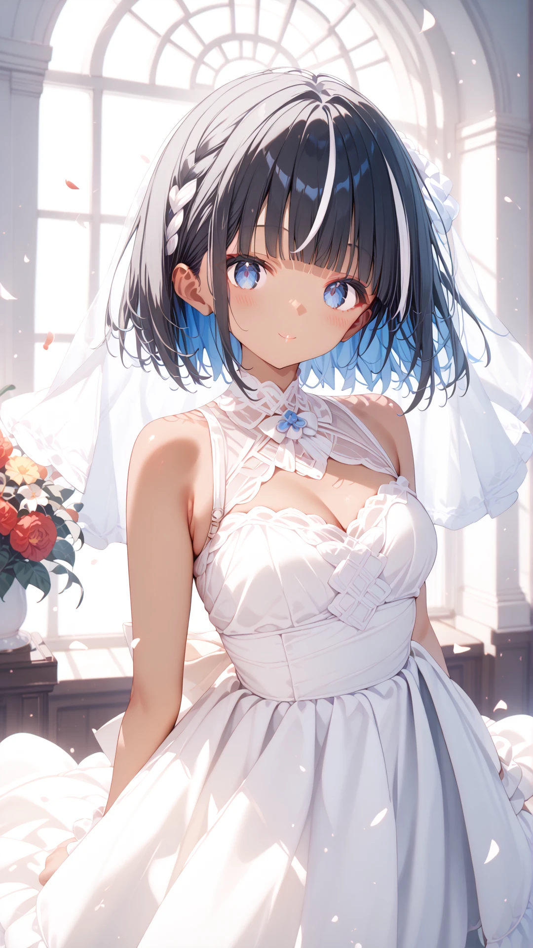 score_9, score_8_up, score_7_up, BREAK source_anime, rating_safe, best quality, masterpiece, uncensored, 1girl, <lora:uchinoko_pony_v1.0:1>ha2uk1,blue eyes,black hair, blue inner hair,blunt bob cut, straight hair,blunt bangs,(dark-skinned female:1.1),gleaming skin,white hair,multicolored hair,white streaked hair,wedding dress,happy