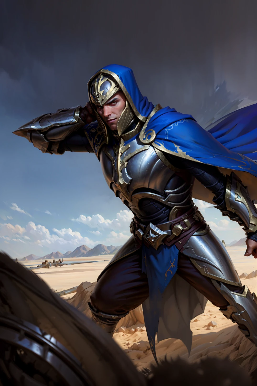 omei,HFhys,armor,helmet,weapon,shield,cape,full armor,male focus,knight,blue cape,polearm,solo focus,1boy,breastplate,sky,artbook,game cg,