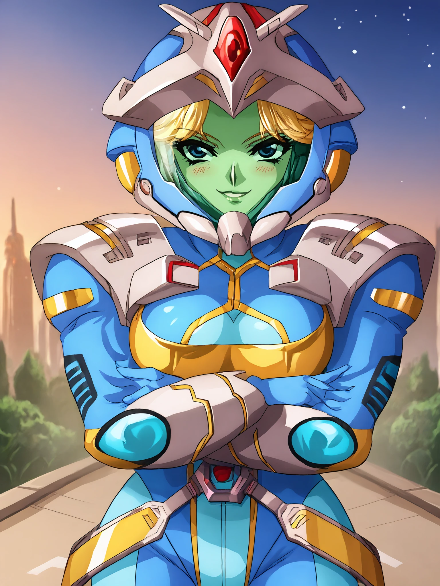 score_9, score_8_up, score_7_up, <lora:offset_0.2:0.1>, <lora:spo_sdxl_10ep_4k-data_lora_webui:1>, BREAK,
1girl, solo, BREAK,
srw_leona, large breasts, blonde hair, blue eyes, <lora:srw_leona:1>, BREAK,
srwbluepilotsuit, blue bodysuit, pauldrons, wrist guards, metal belt, grey armor, (helmet, assault visor, green-tinted eyewear, wearing helmet:1.8), <lora:Pilot_suit__Super_Robot_Wars:1>, BREAK,
smug, smile, blush, looking at viewer, (crossed arms:1.2), ass visible through thighs, BREAK,
outdoors, city, skyline, starry sky