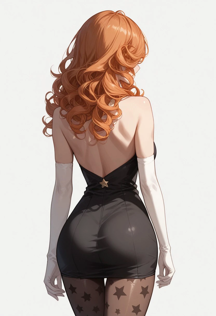 score_9, score_8_up, score_7_up, score_6_up, rating_questionable, 1girl, from behind, back view,
medium long hair, orange hair, dynamic pose, aesthetic, perspective, solo, detailed, sensual look, transparent background, (black mini dress),1girl, glossy hair, curly hair, jewelry, star pantyhose, curvy, white elbow gloves, short sleeves