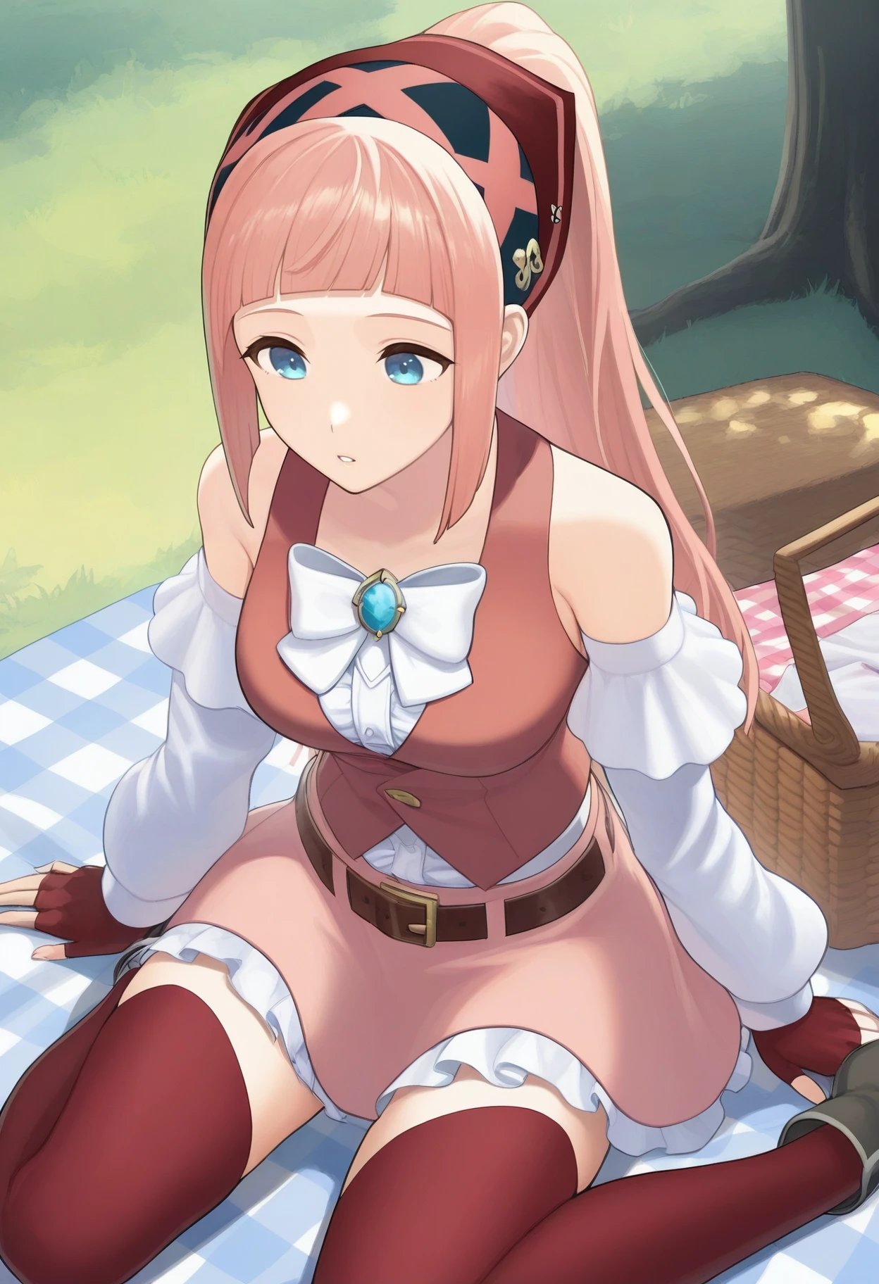 masterpiece, best quality, 1girl, solo, <lora:felicia-fe-richy-v1_ixl:1> f1cpcnc, blue eyes, pink hair, long hair, ponytail, sidelocks, blunt bangs, bandana, medium breasts, white bow, red vest, detached sleeves, long sleeves, white sleeves, bare shoulders, fingerless gloves, red gloves, belt, pink skirt, red thighhighs, outdoors, wariza, sitting, picnic basket, picnic, checkered blanket, parted lips