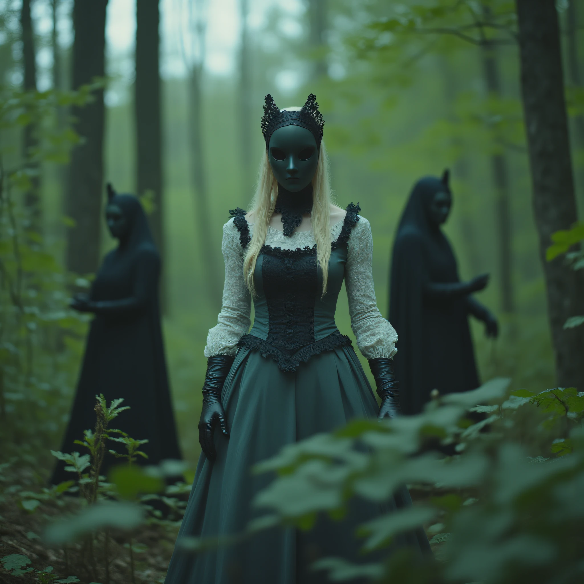 ArsMovieStill, Movie still from a 2010s folklore horror film, The image shows a woman in a dress and mask standing in the middle of a forest surrounded by plants and trees. In the background there are three people and the sky is visible at the top of the image., gloves, dress, mask, black gloves, blurry, outdoors, blurry background, solo focus, blonde hair, mouth mask