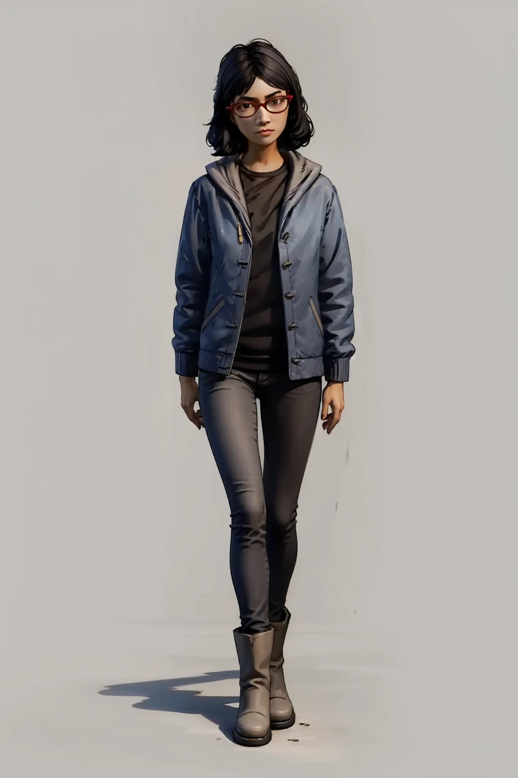 TWDSarah, brown eyes, black hair, medium hair, red glasses, 1girl, solo, full body, standing, hooded jacket, undershirt, pants, ankle boots, blank background