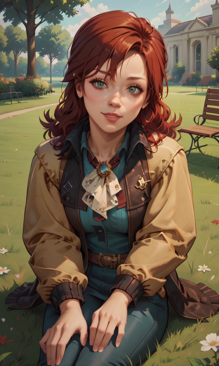 score_9,  score_7_up,1girl,solo,4lise,red hair,lether jacket,sitting on the green grass in the park,looking at viewer, (<lora:4lise5:1>:1.2)