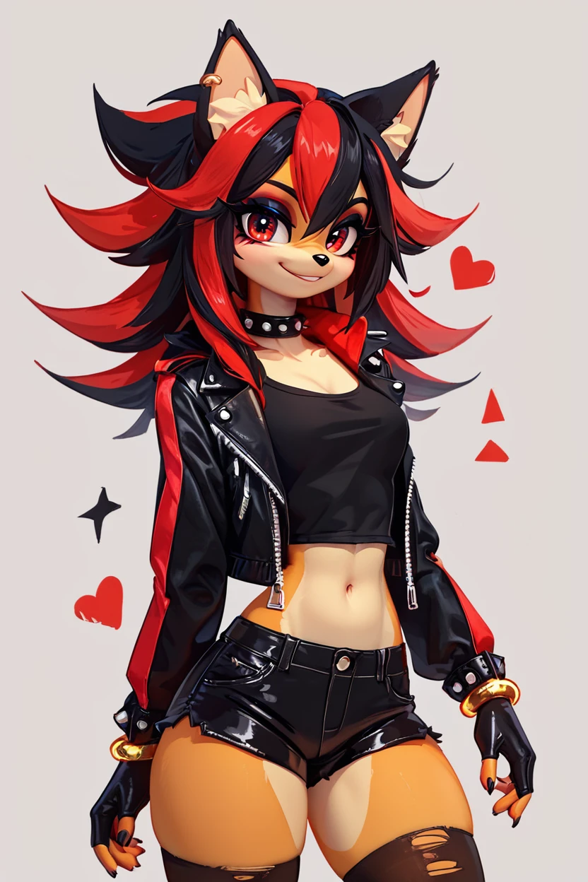 score_9, score_8_up, score_8, medium breasts, (curvy), cute, eyelashes,       BREAK, , ,,, zzShady, red eyes, multicolored hair, two-tone hair, streaked hair, black hair, red hair, animal ears, , long hair, furry, spiked hair,  black crop top, open jacket, black leather jacket, gold bracelet, black leather pants,   <lora:ShadowRule63_PDXL:0.8>,  ,,,, BREAK, (dolphin shorts:1), smile, closed mouth, looking at viewer, cowboy shot, ,,, embedding:zPDXL, Expressiveh, ,,, <lora:BeautifulCAT_PDXL:0.7>, <lora:SDXLFaeTastic2400:0.5>, <lora:Expressive_H-000001:0.4>,