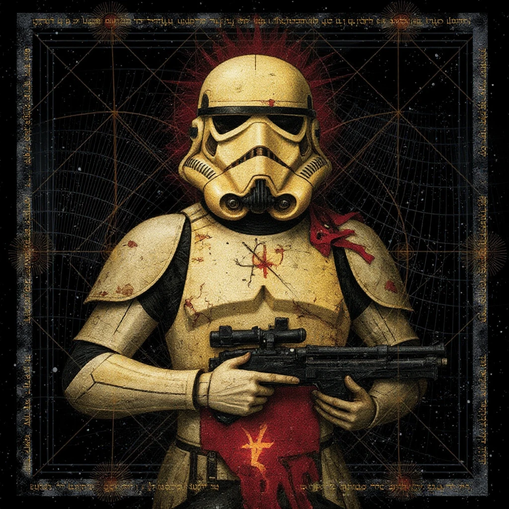 A stormtrooper, painting in the style of t3mpl30fsh4d0ws artstyle. Bleached scratched damaged torn smudged dirty wrinkled. A square border with symbols writings. Black background
