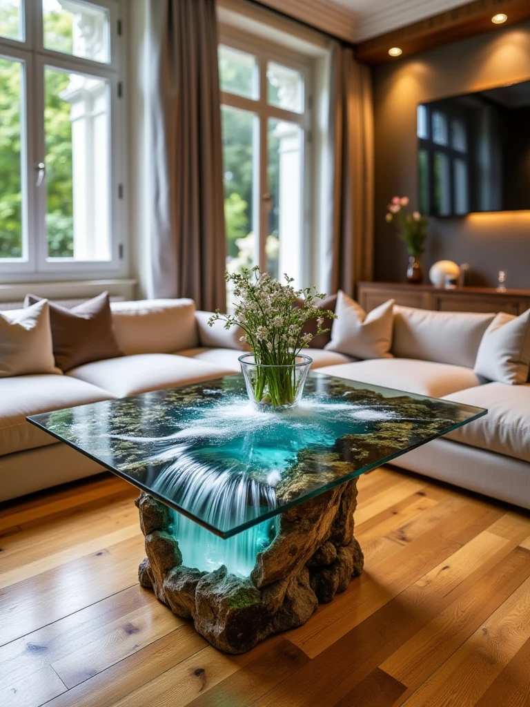 waterfall table with splash under glass,living room,wood floor,