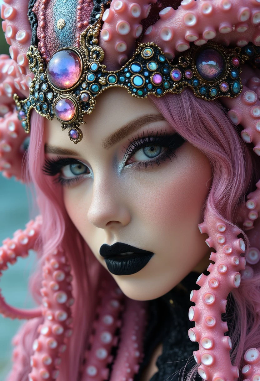 close up full face of the most beautiful mermaid queen, OctopusHat octopus tentacles for hair and purple eyes , pink black and gold details, she is wearing an iridescent headpiece made from giant pearls, black lipstick, hyper realistic photography