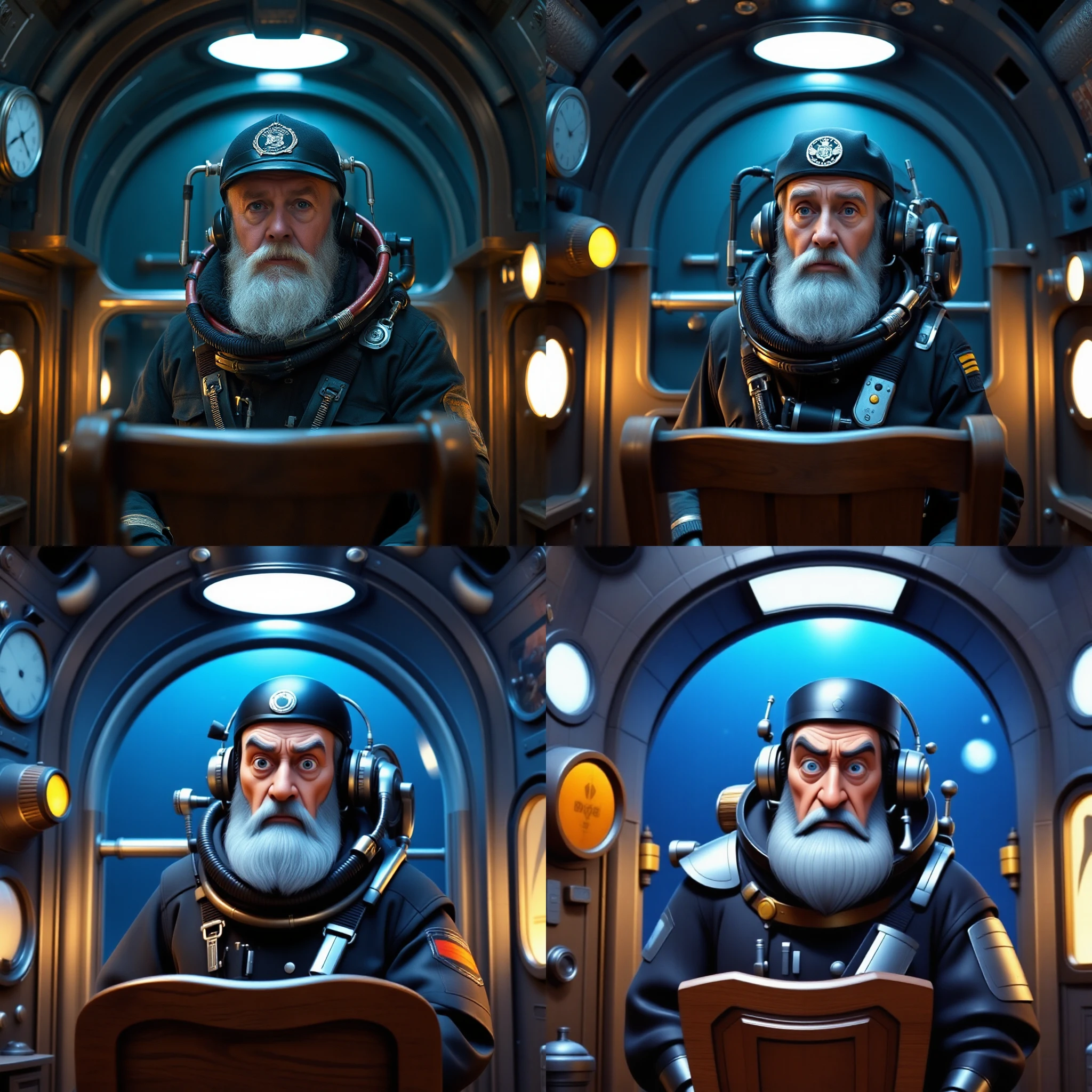 photo focus on male focus, indoors, realistic scenery, (grey beard old captain nemo:1.1), looking at viewer , close-up, arch, chair, loaded <Nautilus submarine interior>, military uniform combined with diving suit, steampunk nautilus-style. very wide shot, character photo portrait, film, professional, 4k, highly detailed


, cinematic 18k film, art photo, dawn, realistic professional, snapshot, 
 diffuse light and shadows, reflections, art 
backlight. natural lightsource