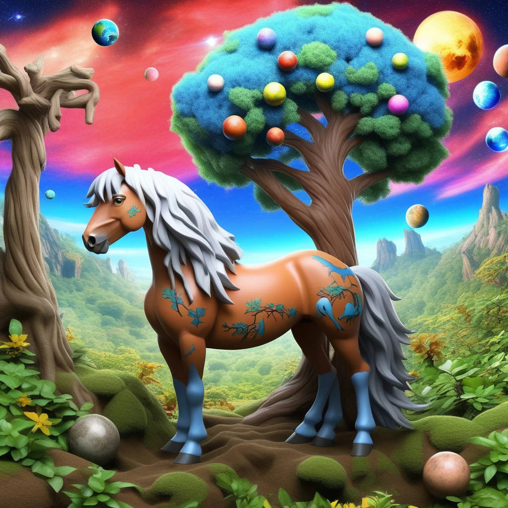 tree, nature, earth (planet), horse, colored skin, plant, pokemon (creature), tongue, star (sky)