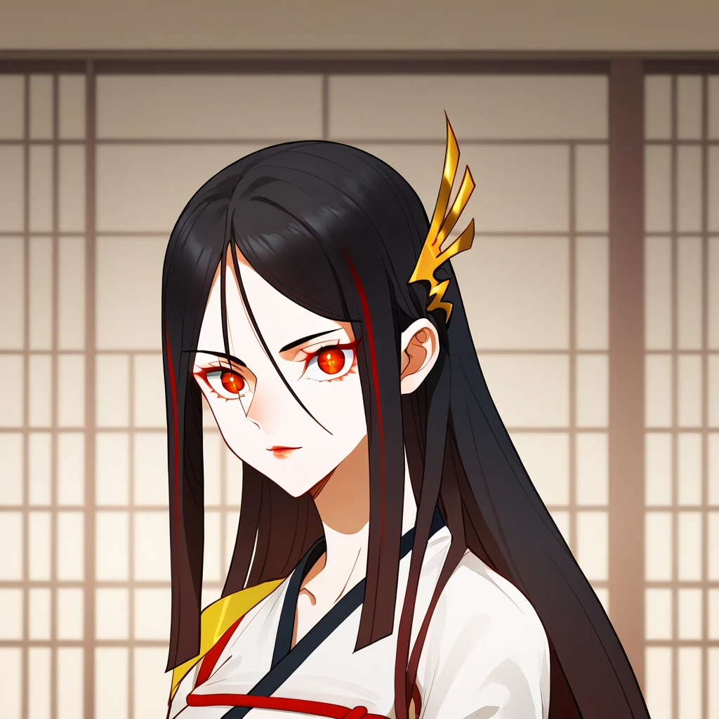 score_9_up, score_8_up, BREAK, MulanXuanwu, 1girl, solo, black hair, multicolored hair, long hair, red eyes, chinese clothes, upper body, <lora:MulanXuanwu_SurviveAsTheHeroHusband_PXL_Leaf2:1>, looking at viewer,  indoors,